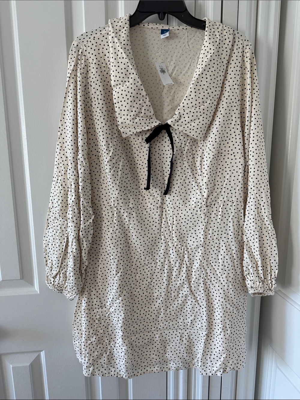 Fit & flare Cream Polka Dot Long Sleeve Dress with Tie Neck